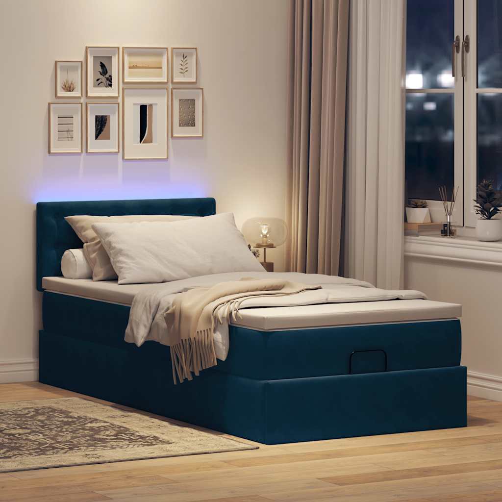Ottoman-Bett mit Matratze & LEDs Dunkelblau 90x200 cm Samt