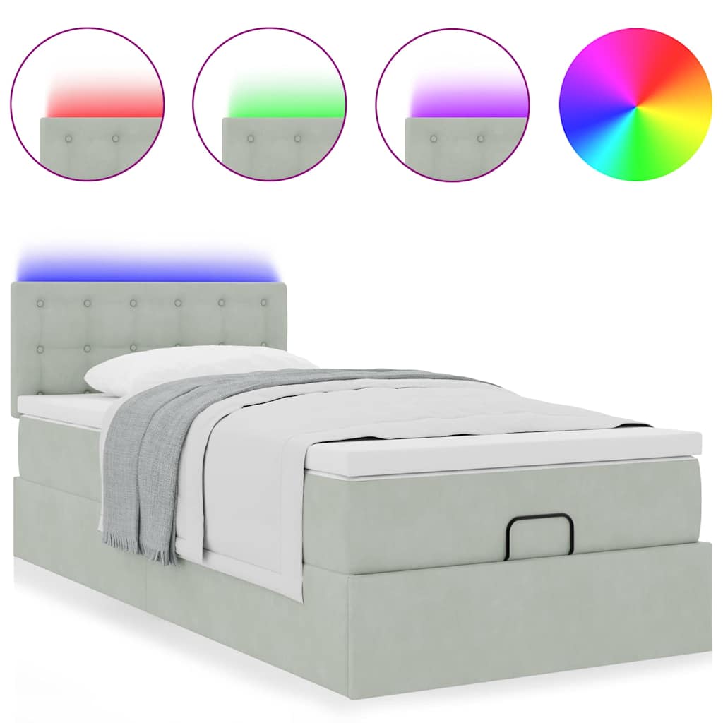 vidaXL Ottoman-Bett mit Matratze & LEDs Hellgrau 100x200 cm Samt