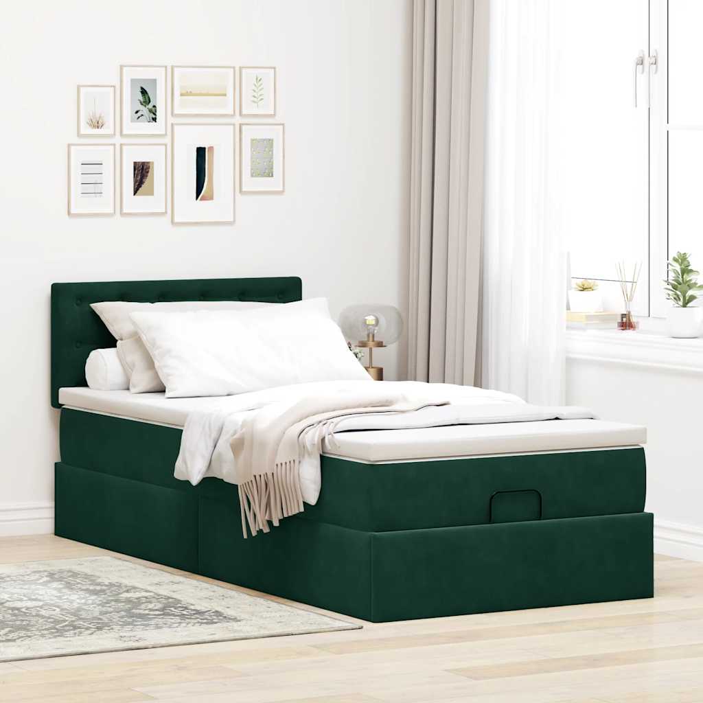 vidaXL Ottoman-Bett mit Matratze & LEDs Dunkelgrün 100x200 cm Samt