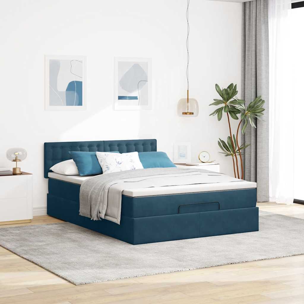 vidaXL Ottoman-Bett mit Matratze & LEDs Dunkelblau 140x190 cm Samt