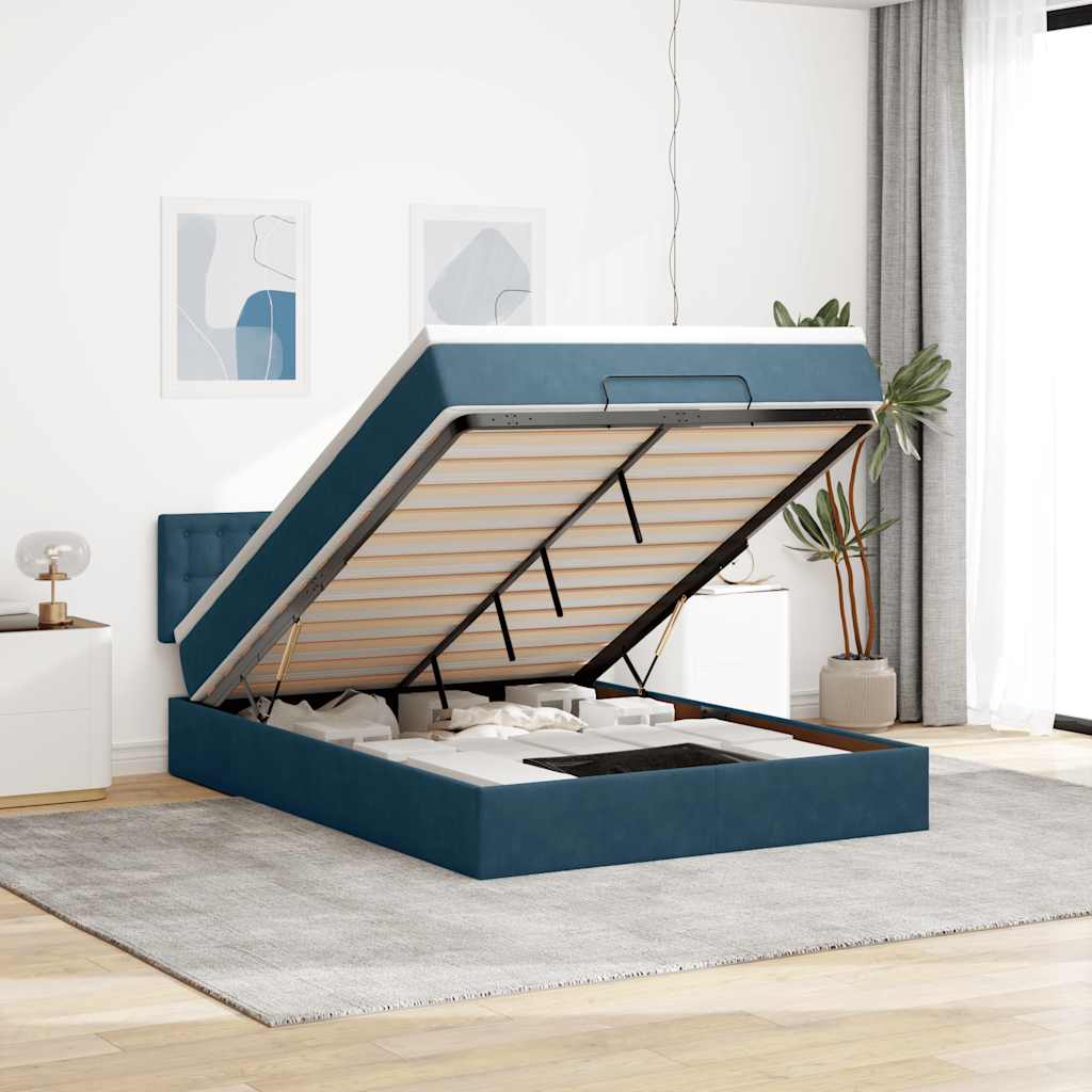 vidaXL Ottoman-Bett mit Matratze & LEDs Dunkelblau 140x190 cm Samt
