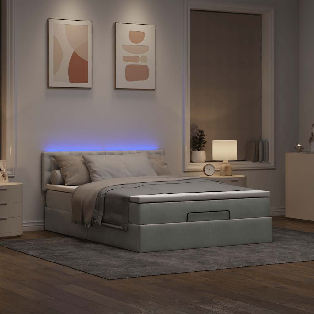 vidaXL Ottoman-Bett mit Matratze & LEDs Hellgrau 140x200 cm Samt