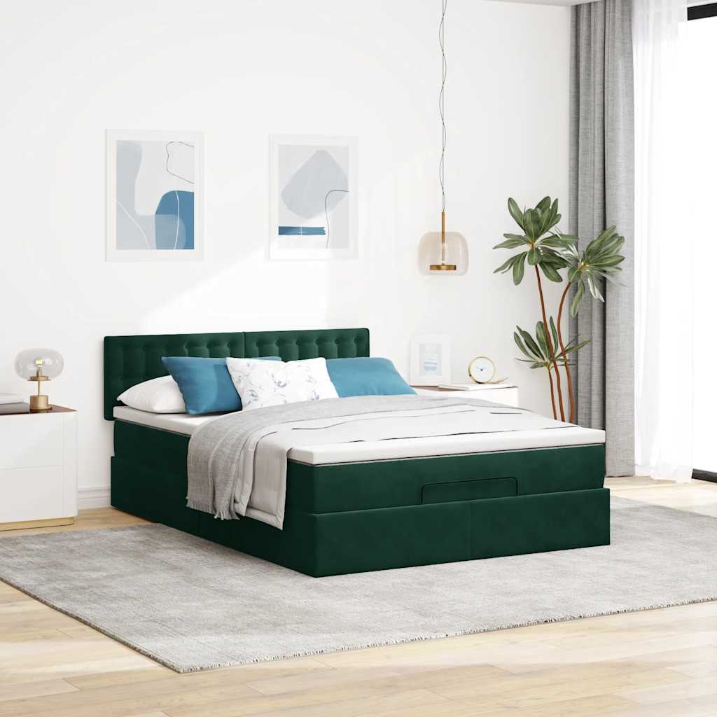 vidaXL Ottoman-Bett mit Matratze & LEDs Dunkelgrün 140x200 cm Samt