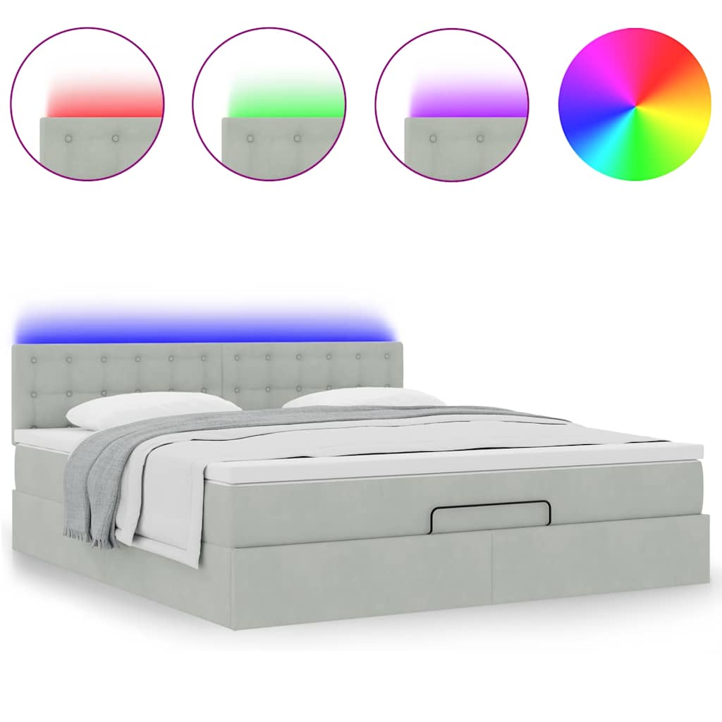 vidaXL Ottoman-Bett mit Matratze & LEDs Hellgrau 180x200 cm Samt