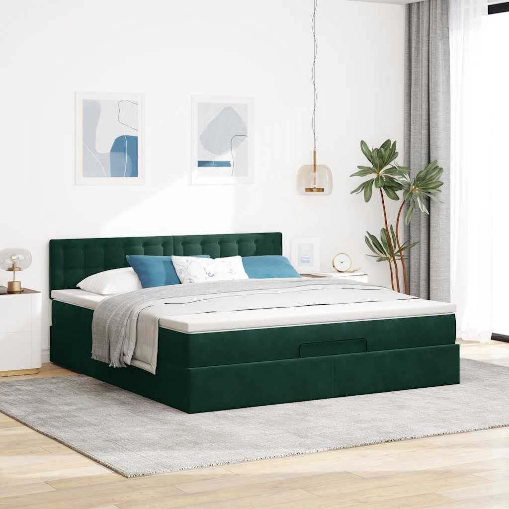 vidaXL Ottoman-Bett mit Matratze & LEDs Dunkelgrün 180x200 cm Samt