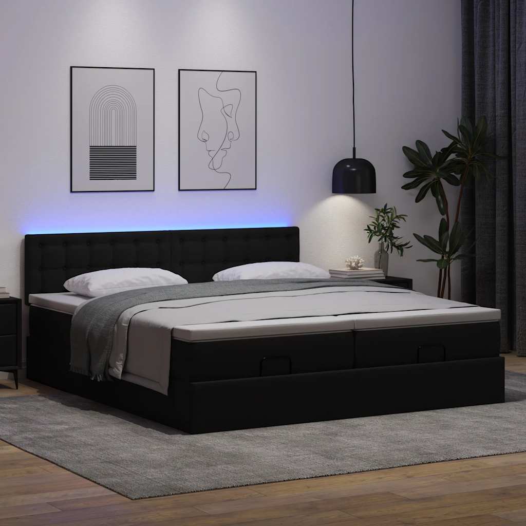 vidaXL Ottoman-Bett mit Matratzen & LEDs Schwarz 180x200 cm Kunstleder