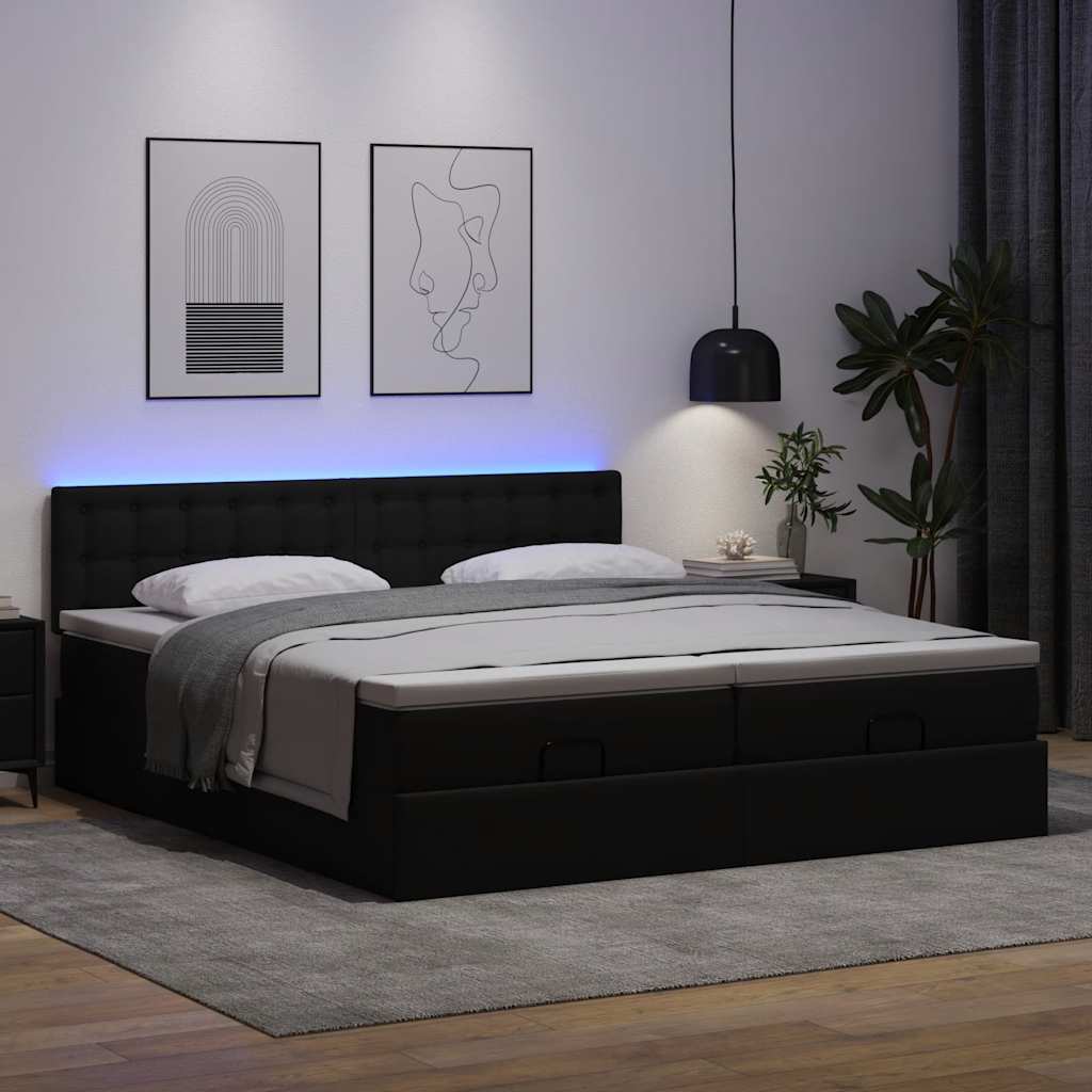 vidaXL Ottoman-Bett mit Matratzen & LEDs Schwarz 200x200 cm Kunstleder