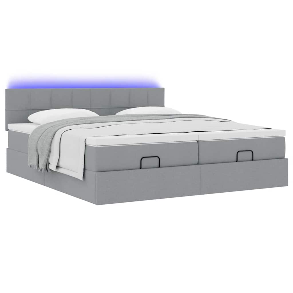 Ottoman-Bett mit Matratzen & LEDs Hellgrau 200x200 cm Stoff