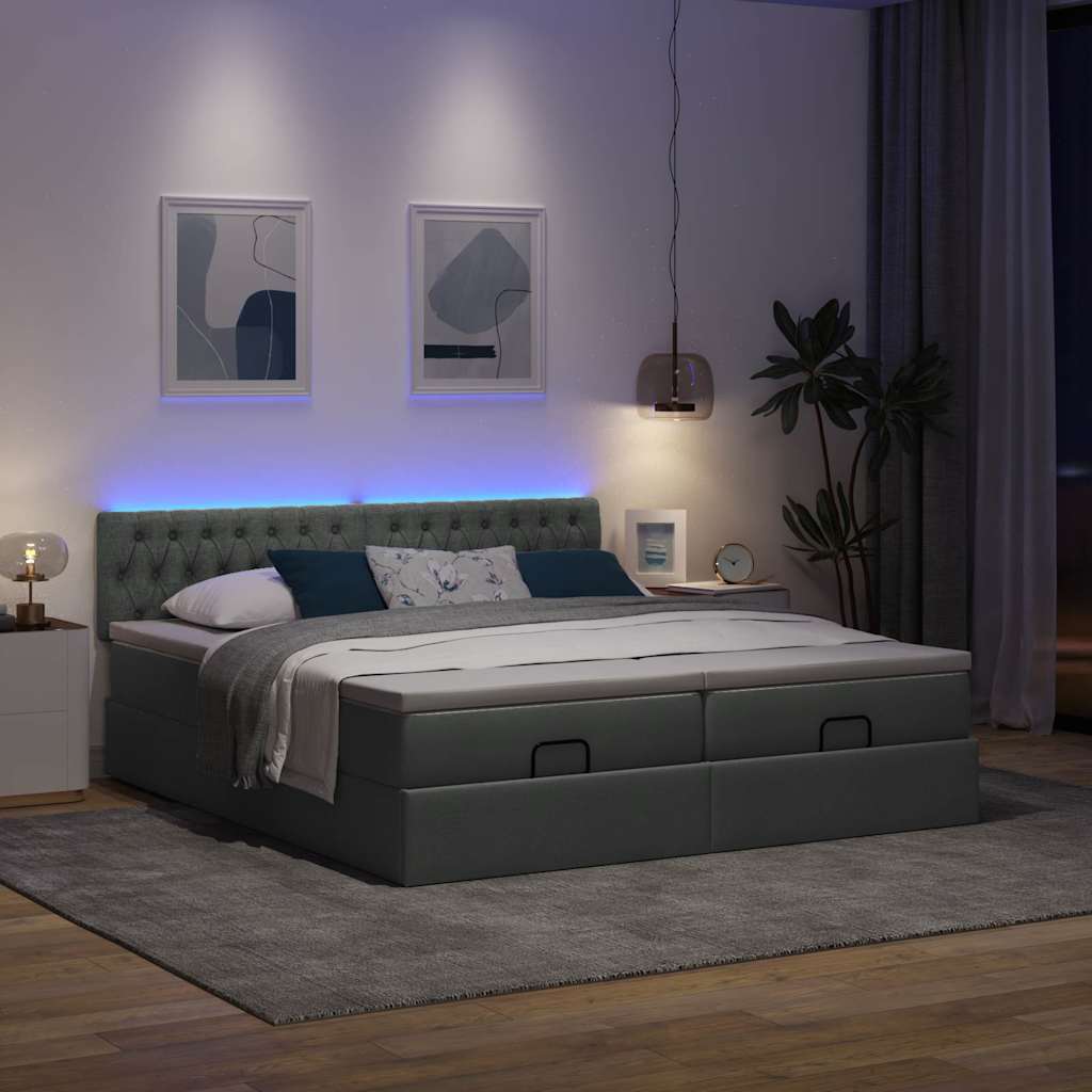 Ottoman-Bett mit Matratzen & LEDs Dunkelgrau 200x200 cm Stoff