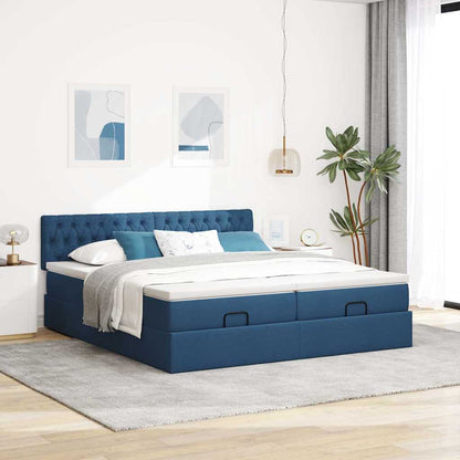 vidaXL Ottoman-Bett mit Matratzen & LEDs Blau 200x200 cm Stoff