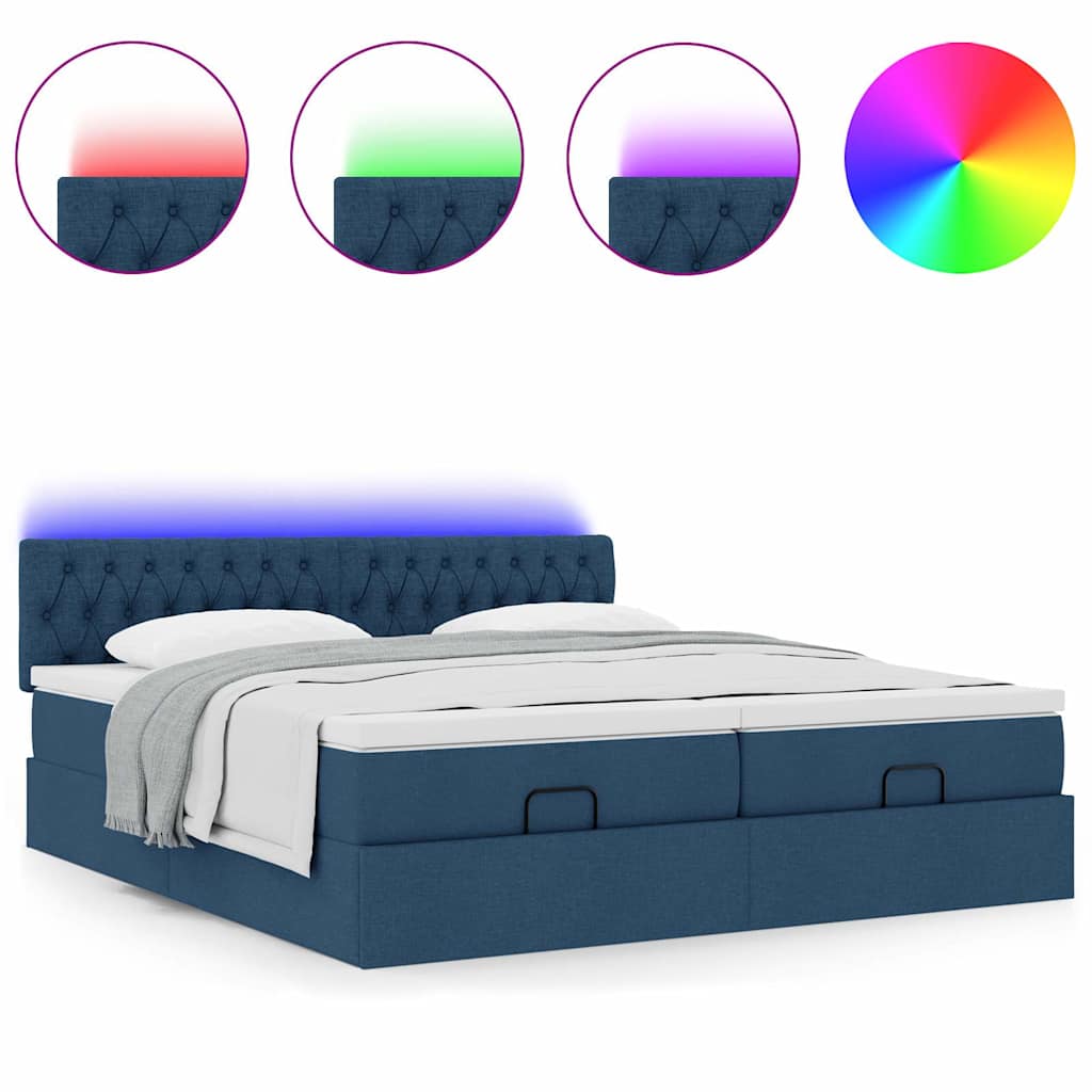 vidaXL Ottoman-Bett mit Matratzen & LEDs Blau 200x200 cm Stoff