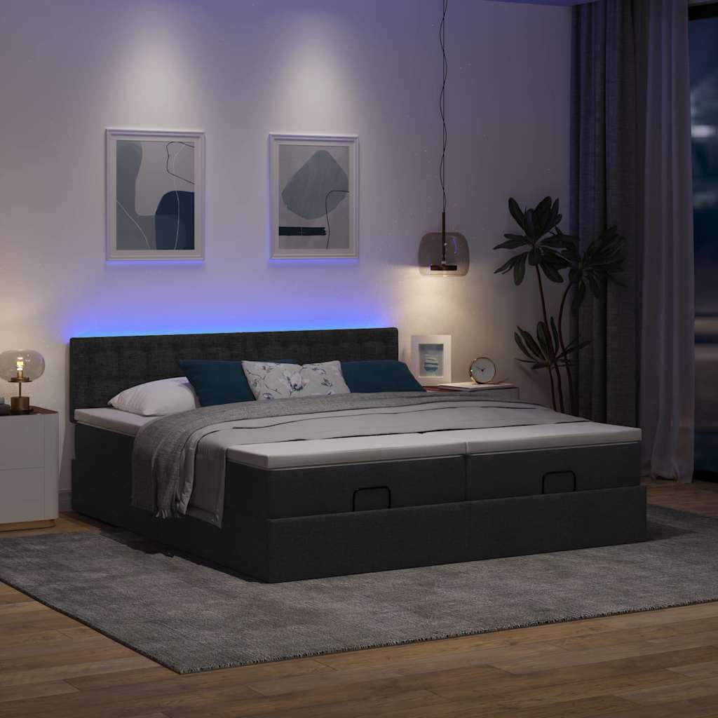 Ottoman-Bett mit Matratzen & LEDs Schwarz 180x200 cm Stoff