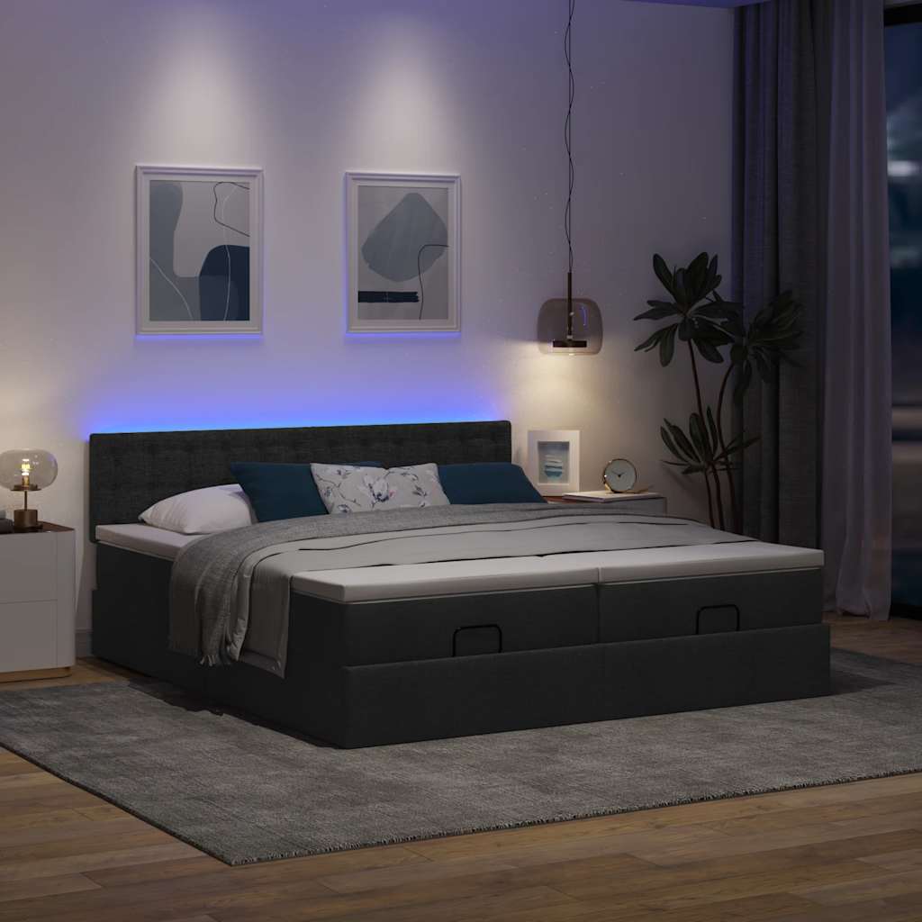 vidaXL Ottoman-Bett mit Matratzen & LEDs Schwarz 200x200 cm Stoff