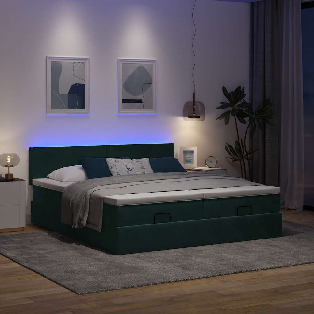 vidaXL Ottoman-Bett mit Matratzen & LEDs Dunkelgrün 200x200 cm Samt