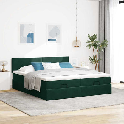 vidaXL Ottoman-Bett mit Matratzen & LEDs Dunkelgrün 200x200 cm Samt