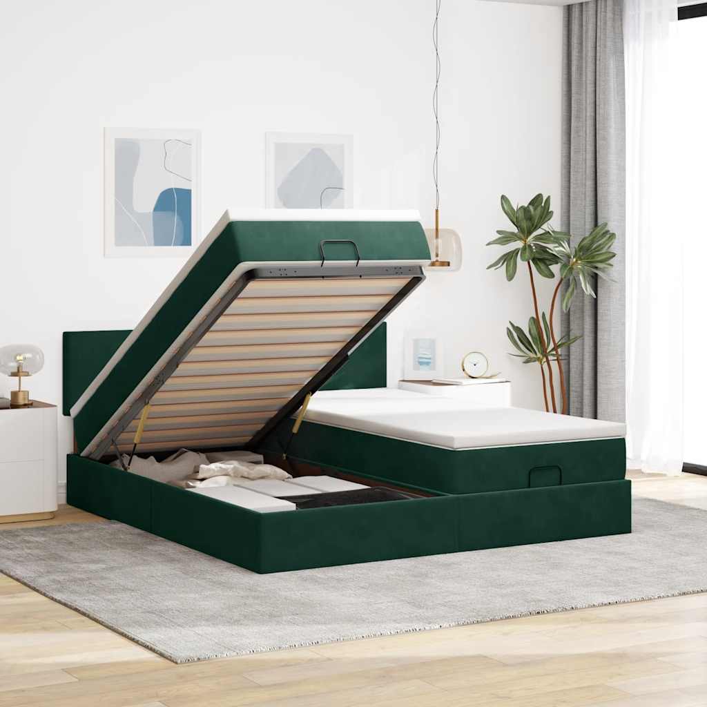 vidaXL Ottoman-Bett mit Matratzen & LEDs Dunkelgrün 200x200 cm Samt