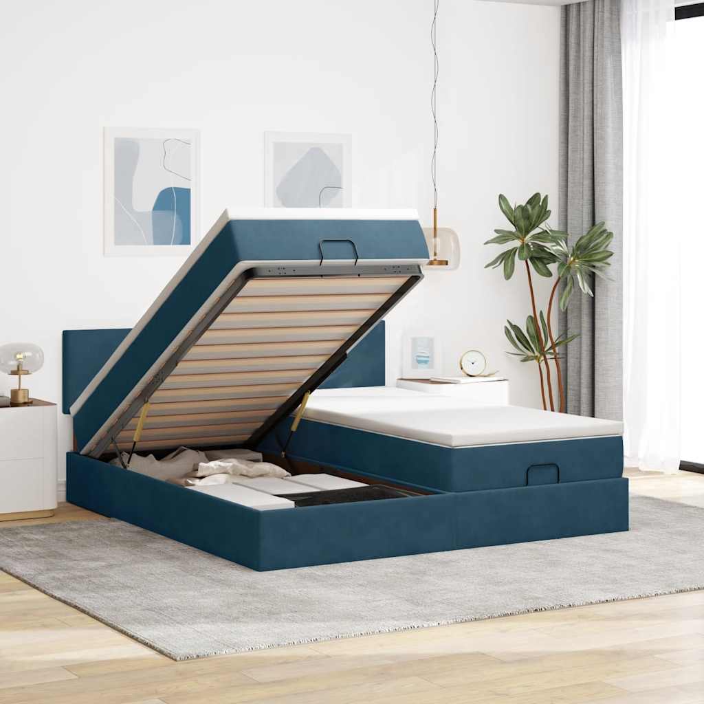 vidaXL Ottoman-Bett mit Matratzen & LED Dunkelblau 200x200 cm Samt