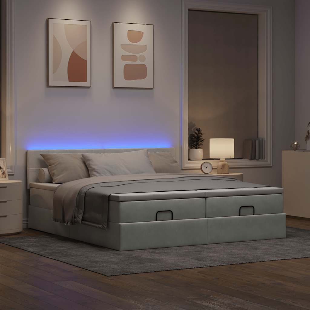 vidaXL Ottoman-Bett mit Matratzen & LEDs Hellgrau 160x200 cm Samt
