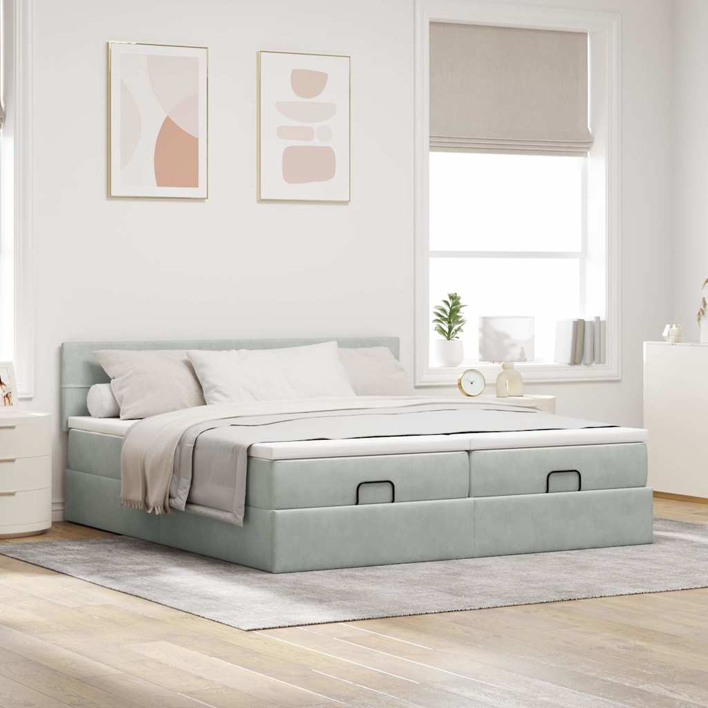 vidaXL Ottoman-Bett mit Matratzen & LEDs Hellgrau 200x200 cm Samt