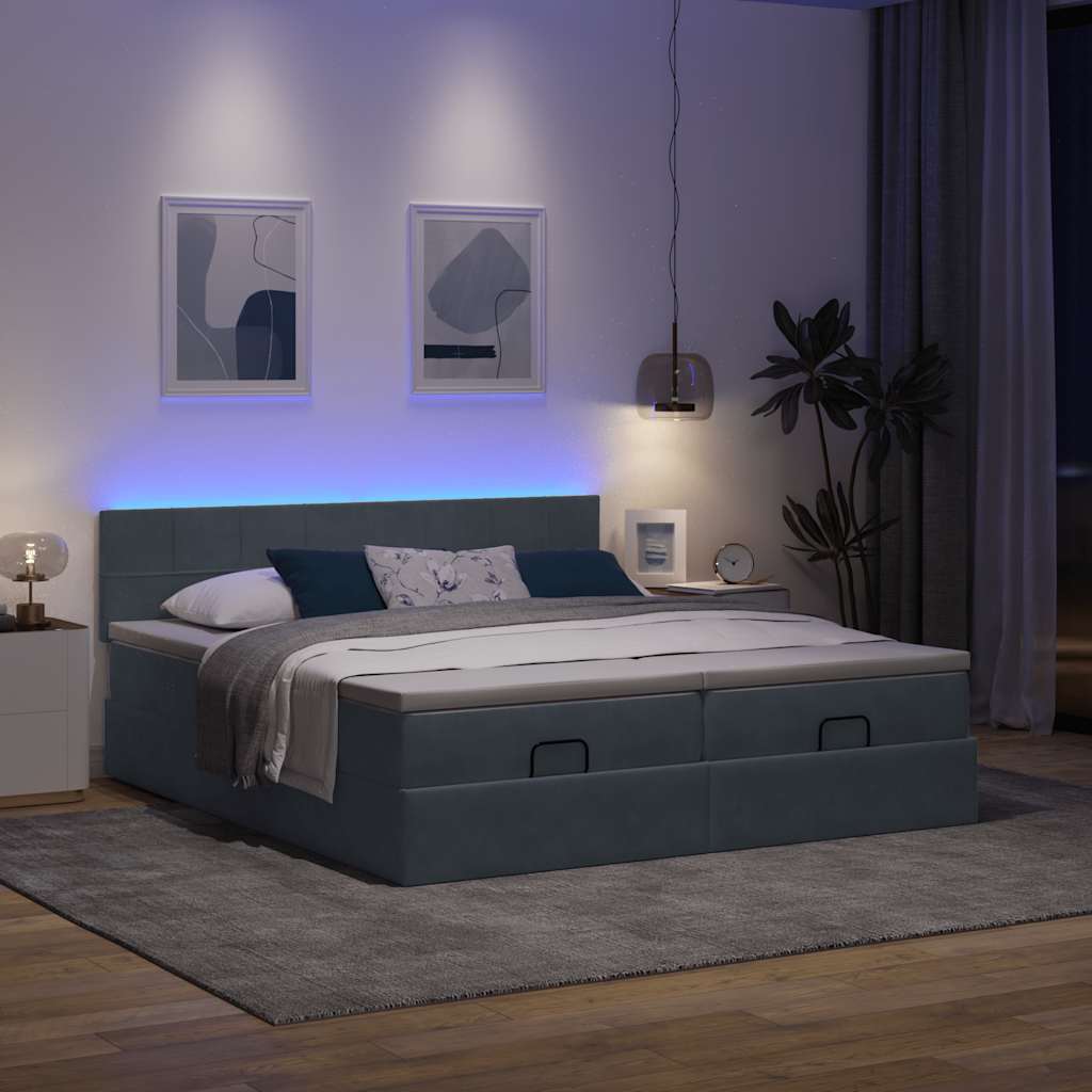 vidaXL Ottoman-Bett mit Matratzen & LEDs Dunkelgrau 200x200 cm Samt