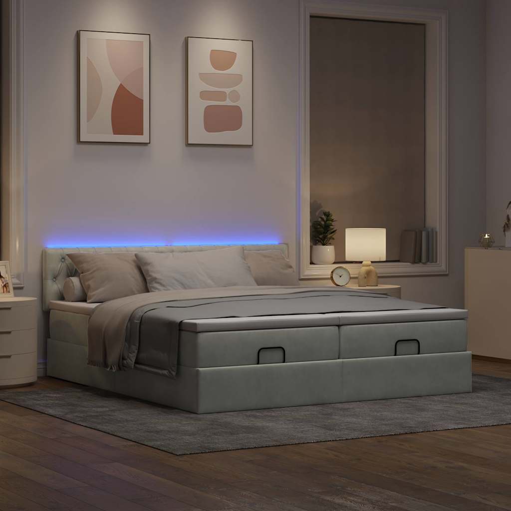 vidaXL Ottoman-Bett mit Matratzen & LEDs Hellgrau 160x200 cm Samt