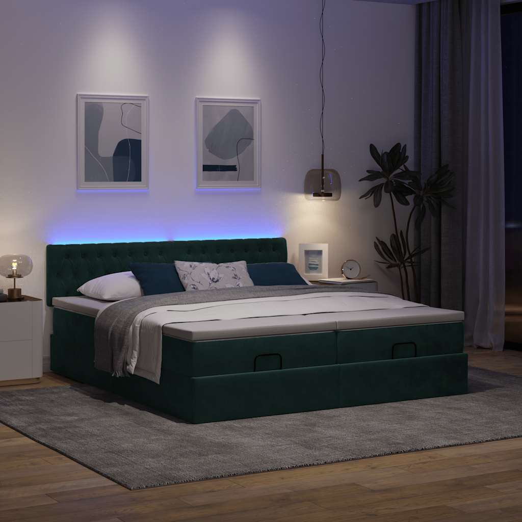 Ottoman-Bett mit Matratzen & LEDs Dunkelgrün 160x200 cm Samt