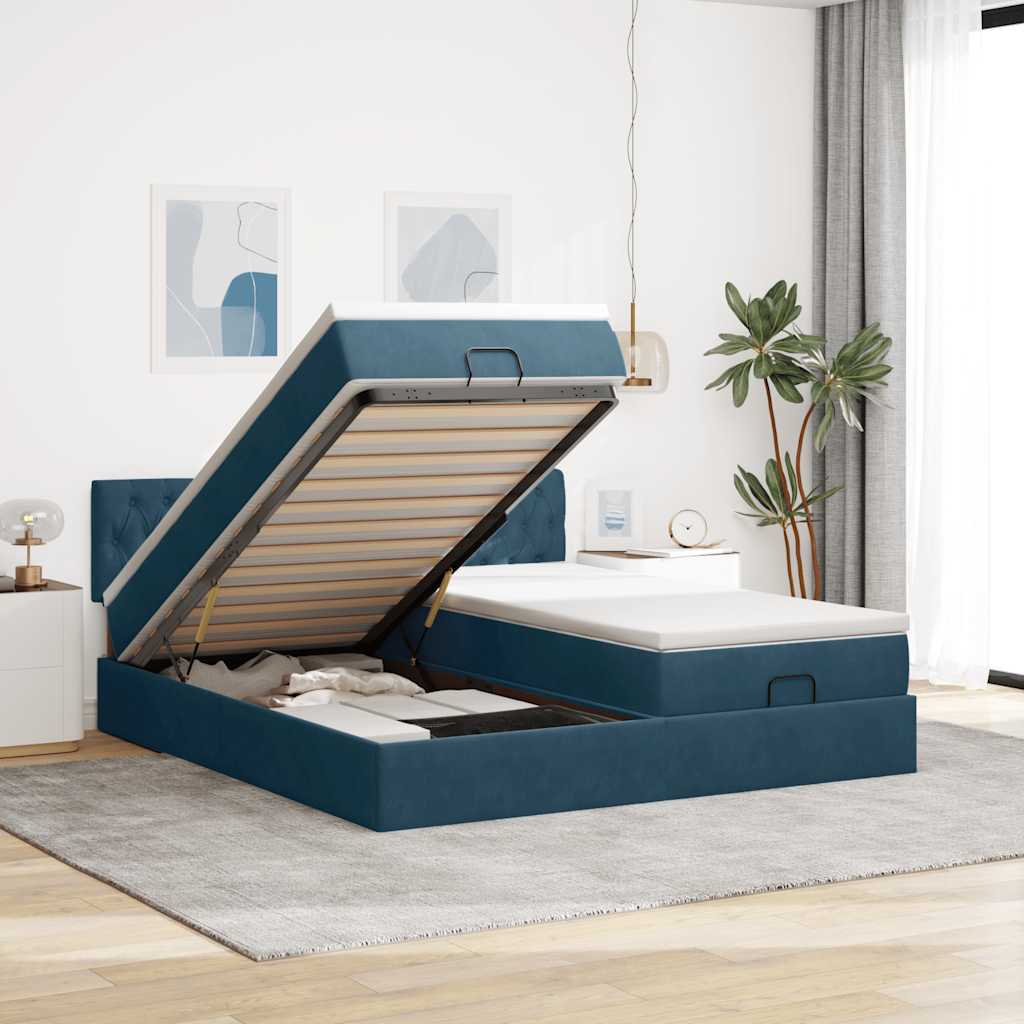 vidaXL Ottoman-Bett mit Matratzen & LEDs Dunkelblau 180x200 cm Samt
