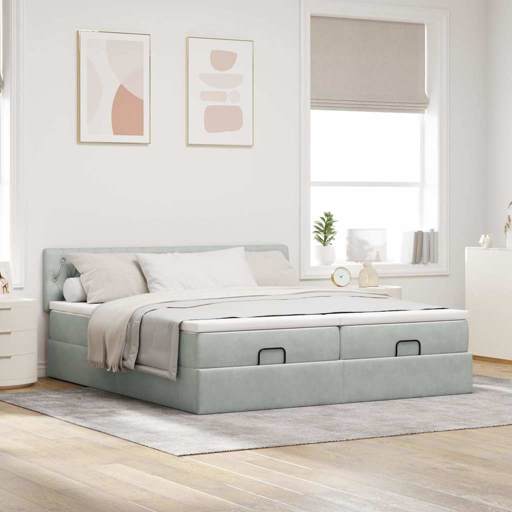vidaXL Ottoman-Bett mit Matratzen & LEDs Hellgrau 200x200 cm Samt
