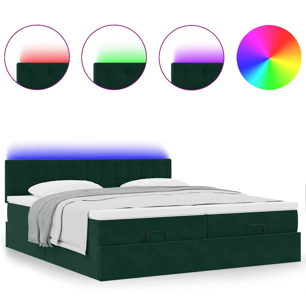 vidaXL Ottoman-Bett mit Matratzen & LEDs Dunkelgrün 180x200 cm Samt