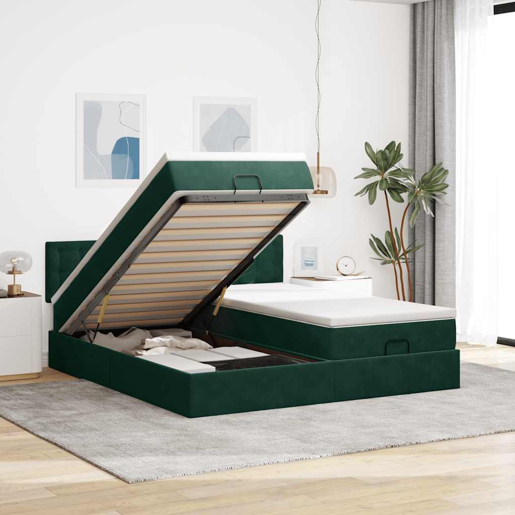 vidaXL Ottoman-Bett mit Matratzen & LEDs Dunkelgrün 180x200 cm Samt