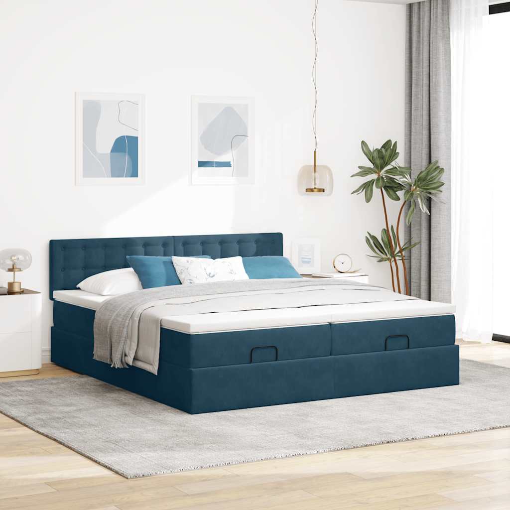 vidaXL Ottoman-Bett mit Matratzen & LED Dunkelblau 200x200 cm Samt
