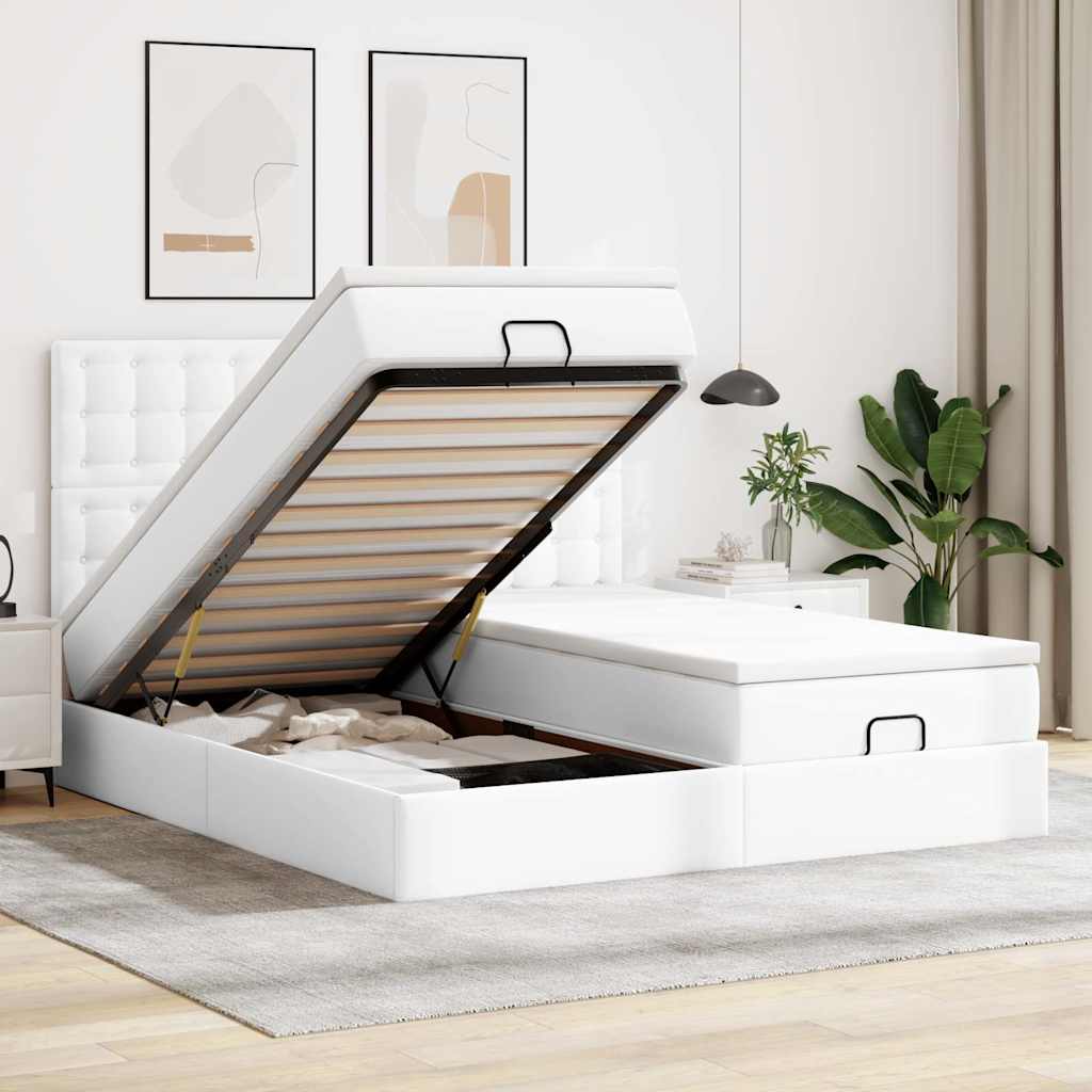 vidaXL Ottoman-Bett mit Matratzen Reinweiß 160x200 cm Kunstleder