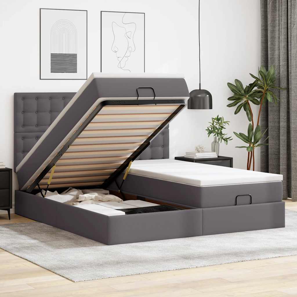 vidaXL Ottoman-Bett mit Matratzen Grau 200x200 cm Kunstleder