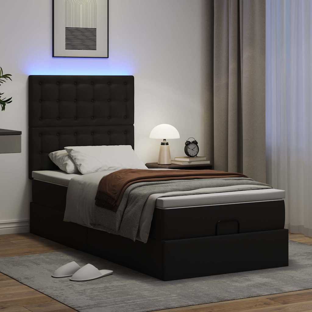 Ottoman-Bett mit Matratze & LEDs Schwarz 90x190 cm Kunstleder