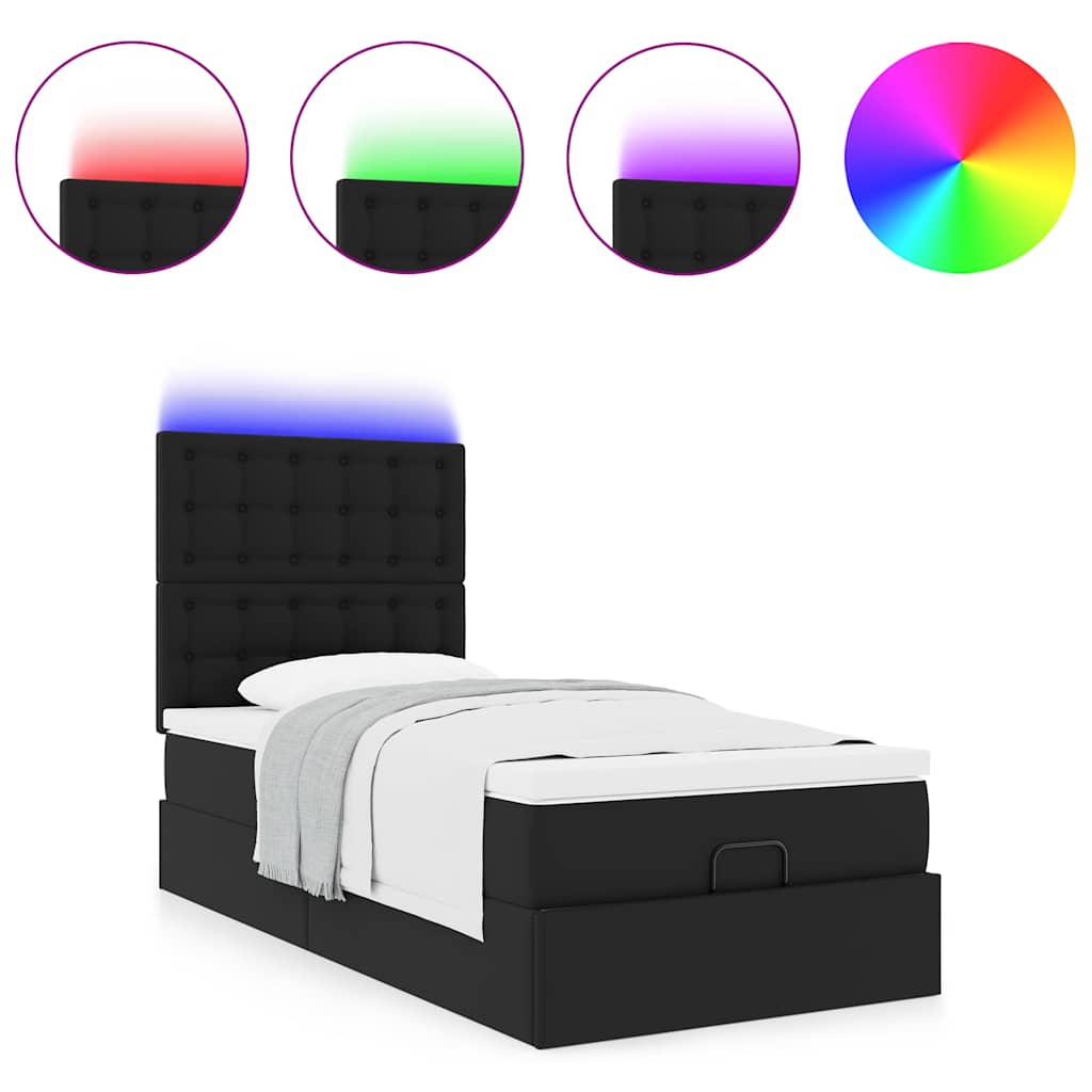 Ottoman-Bett mit Matratze & LEDs Schwarz 90x200 cm Kunstleder