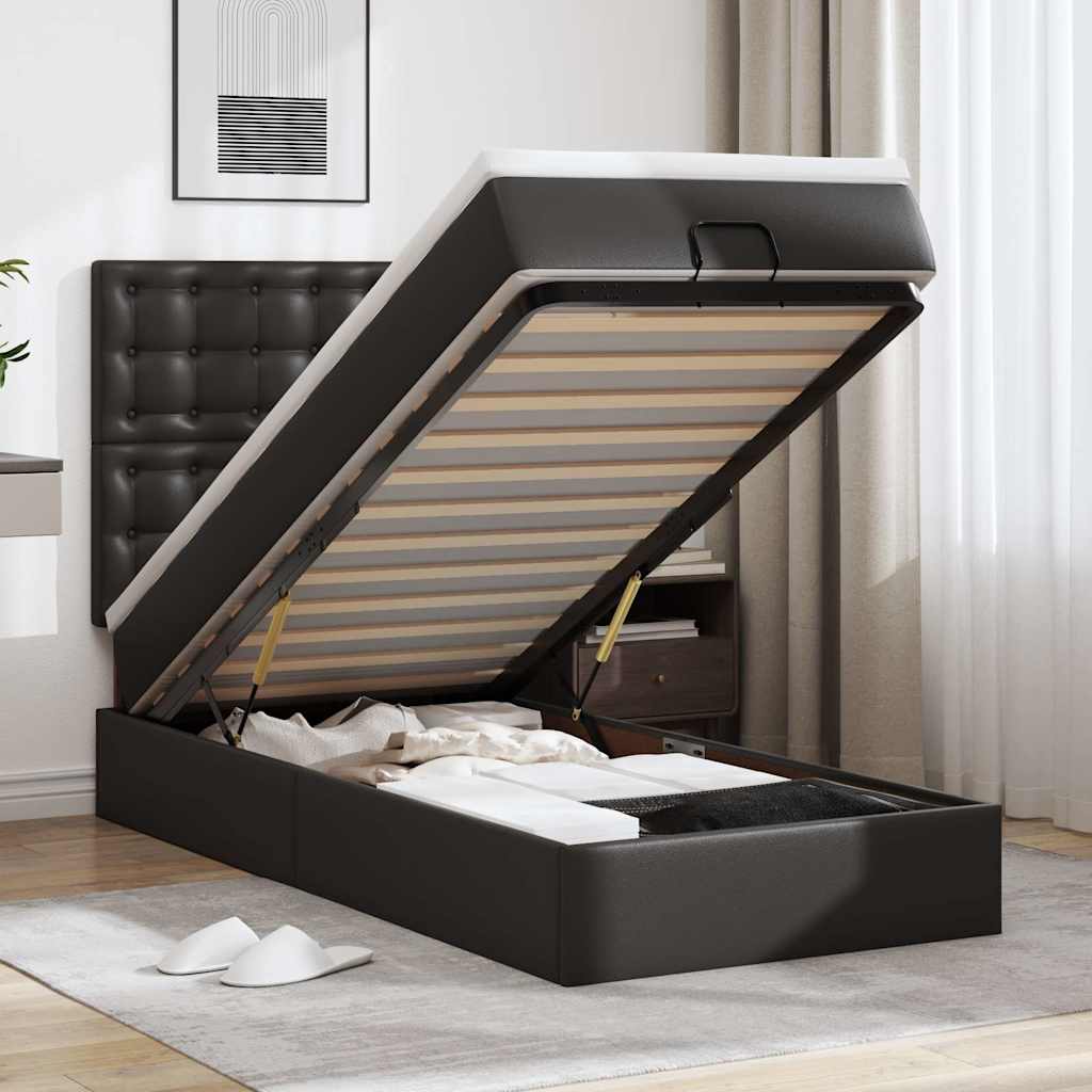 Ottoman-Bett mit Matratze & LEDs Schwarz 90x200 cm Kunstleder