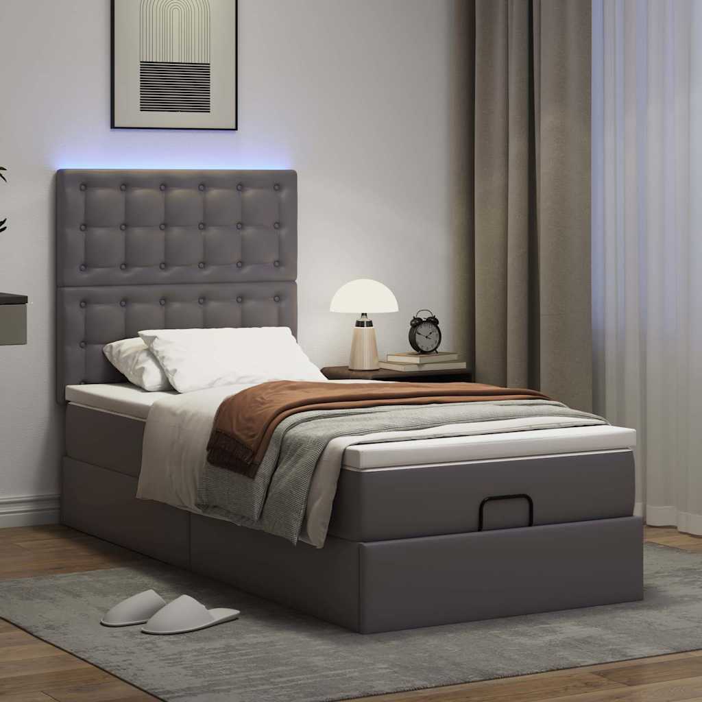 vidaXL Ottoman-Bett mit Matratze & LEDs Grau 90x200 cm Kunstleder