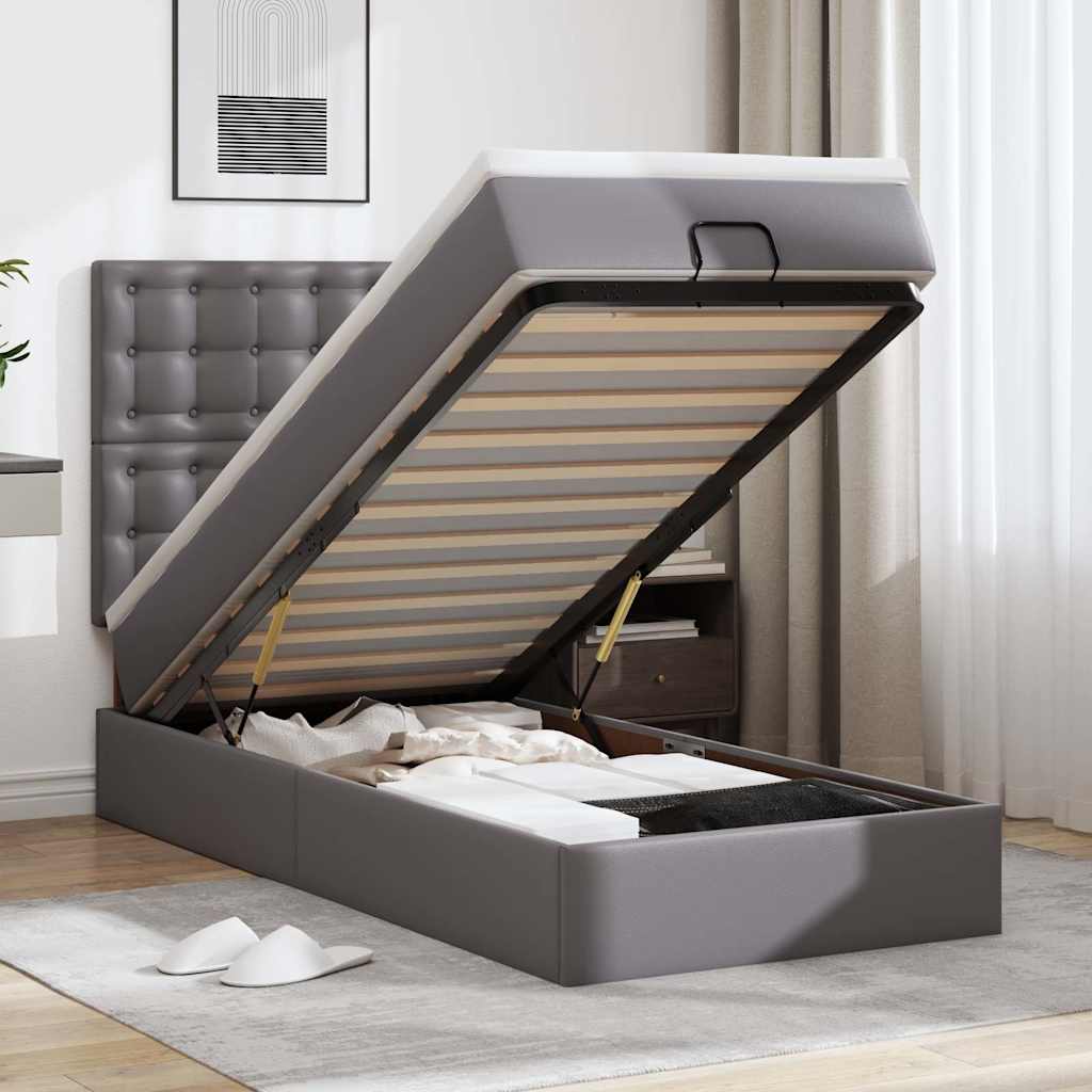 vidaXL Ottoman-Bett mit Matratze & LEDs Grau 100x200 cm Kunstleder
