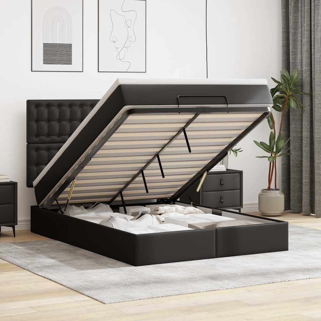 vidaXL Ottoman-Bett mit Matratze & LEDs Schwarz 140x190 cm Kunstleder