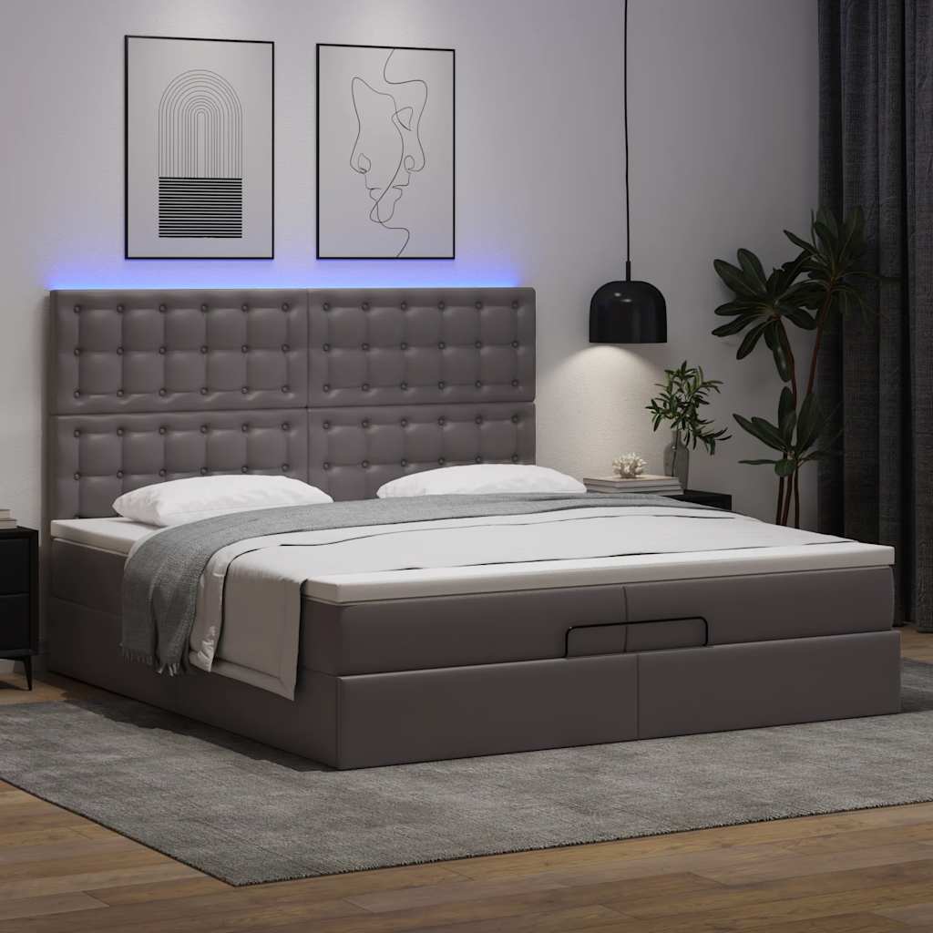 vidaXL Ottoman-Bett mit Matratzen & LEDs Grau 200x200 cm Kunstleder
