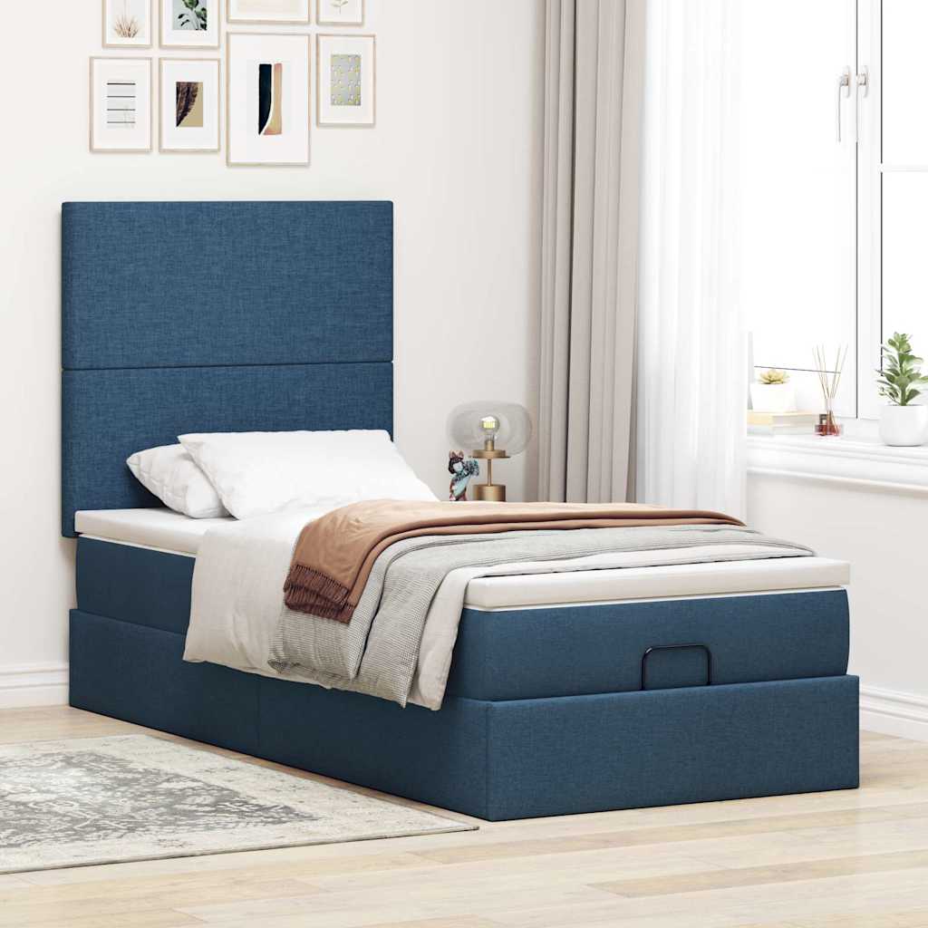 vidaXL Ottoman-Bett mit Matratze & LEDs Blau 90x190 cm Stoff