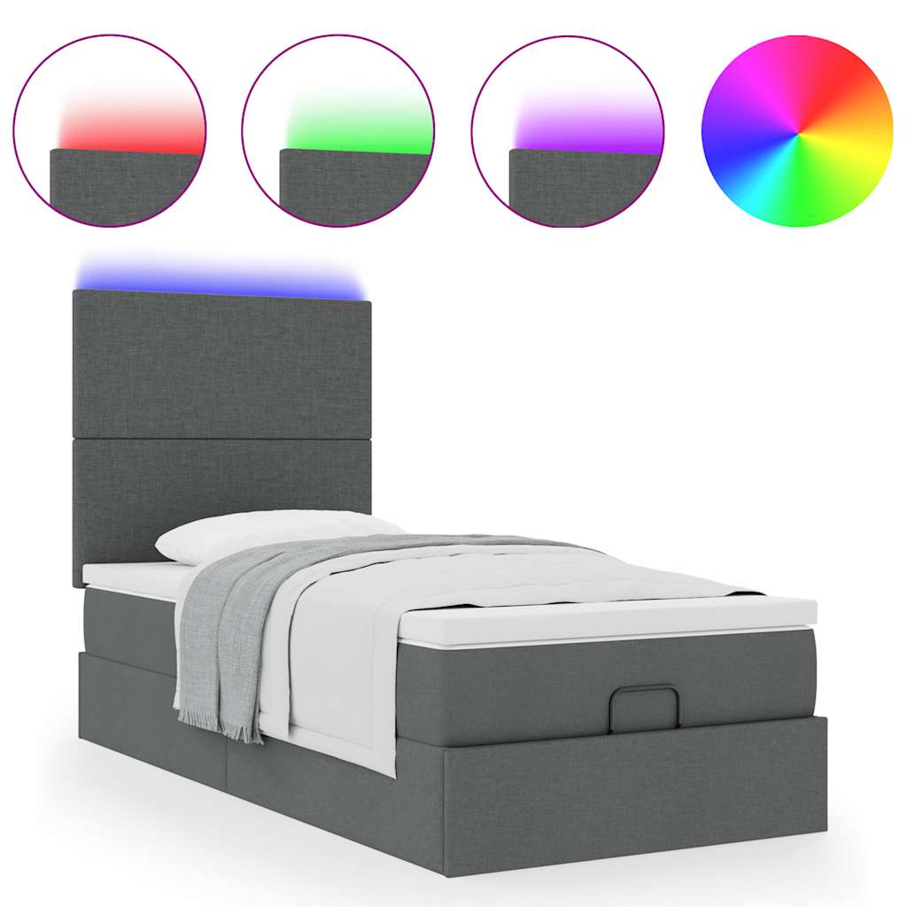 vidaXL Lit ottoman avec matelas et LED gris foncé 90x200 cm Tissu