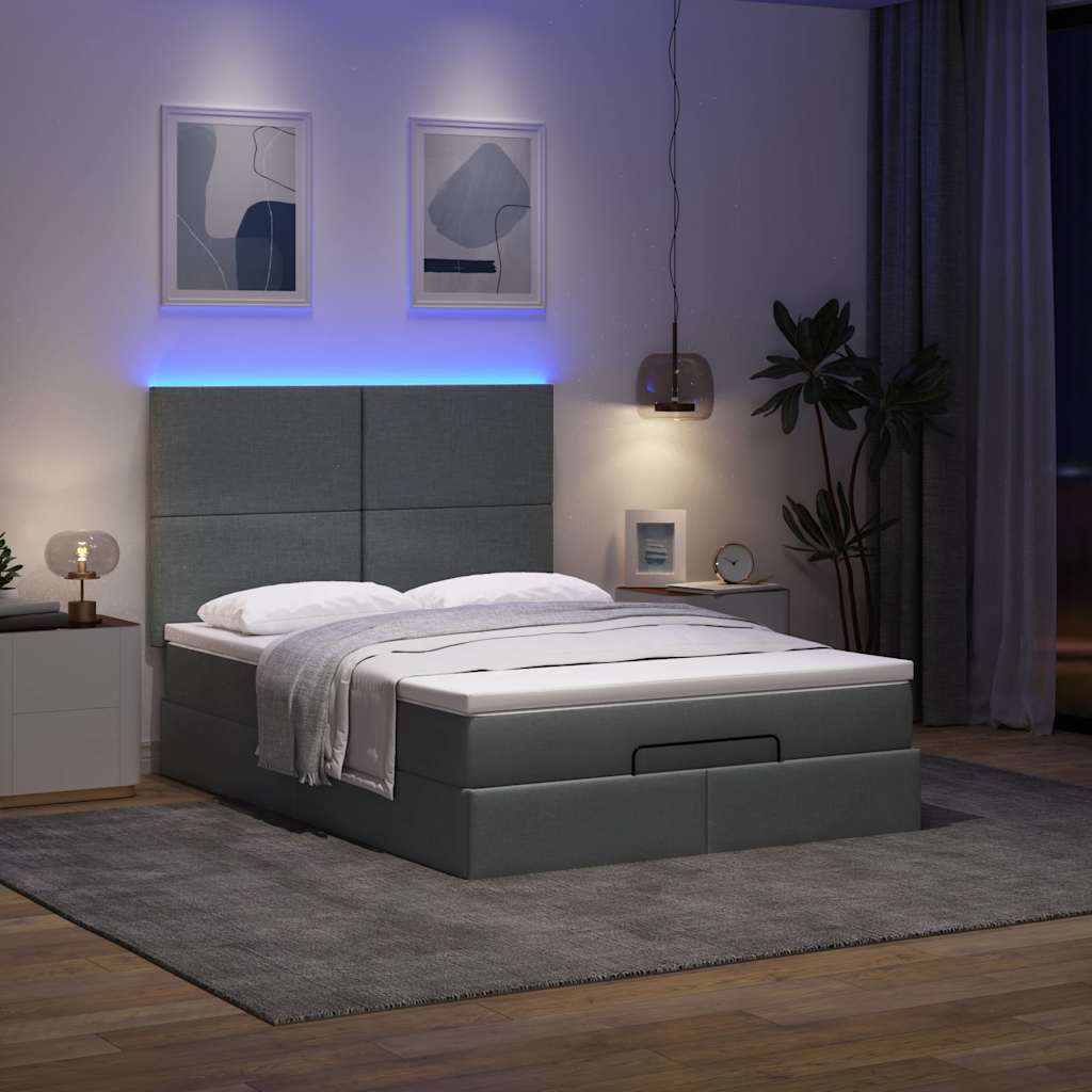 vidaXL Lit ottoman avec matelas et LED gris foncé 140x200 cm tissu
