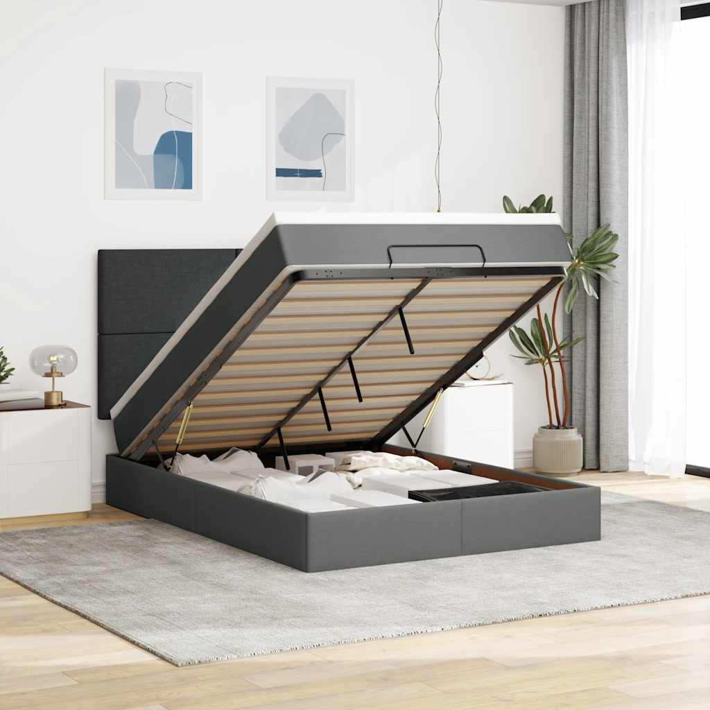 vidaXL Lit ottoman avec matelas et LED gris foncé 140x200 cm tissu