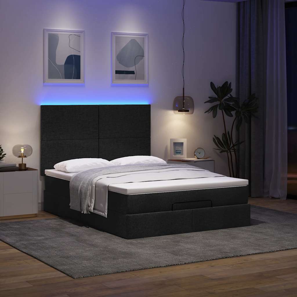 vidaXL Ottoman-Bett mit Matratze & LEDs Schwarz 140x200 cm Stoff