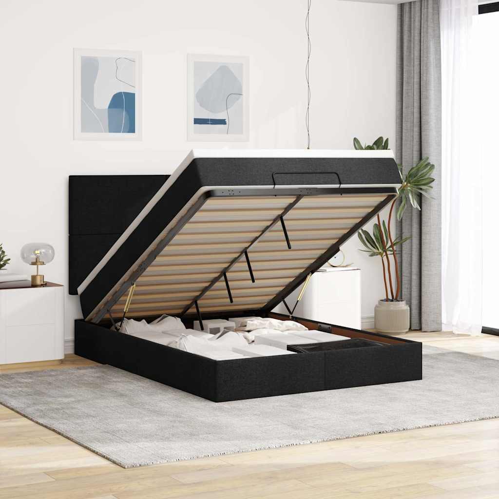 vidaXL Ottoman-Bett mit Matratze & LEDs Schwarz 140x200 cm Stoff