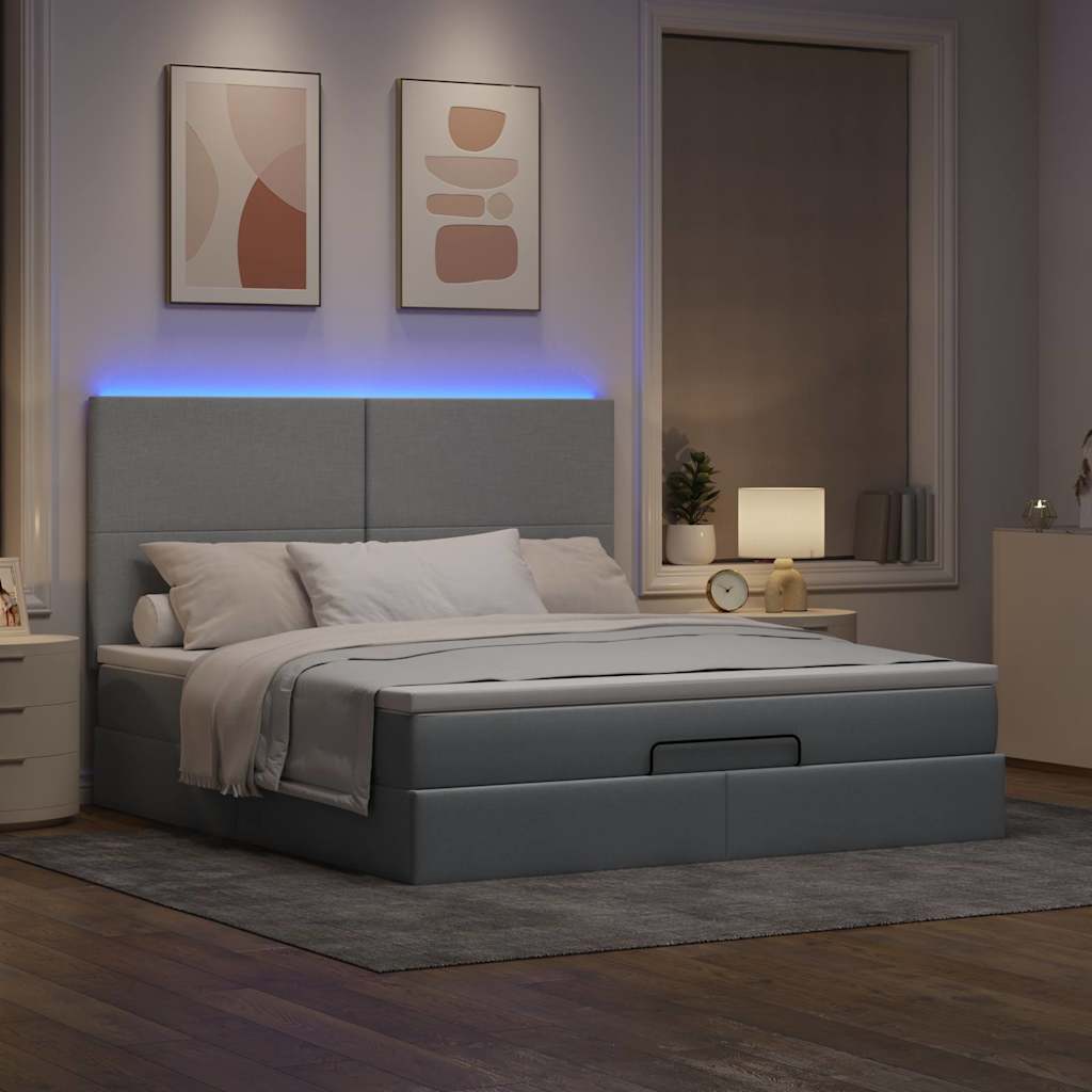 vidaXL Lit ottoman avec matelas et LED gris clair 180x200 cm tissu