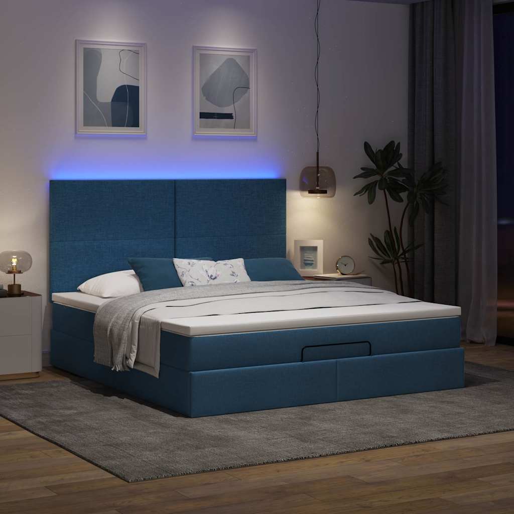vidaXL Ottoman-Bett mit Matratze & LEDs Blau 180x200 cm Stoff