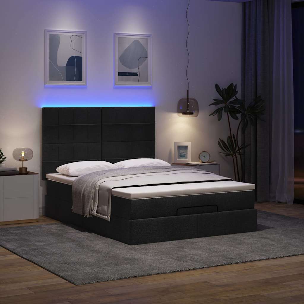 vidaXL Ottoman-Bett mit Matratze & LEDs Schwarz 140x200 cm Stoff