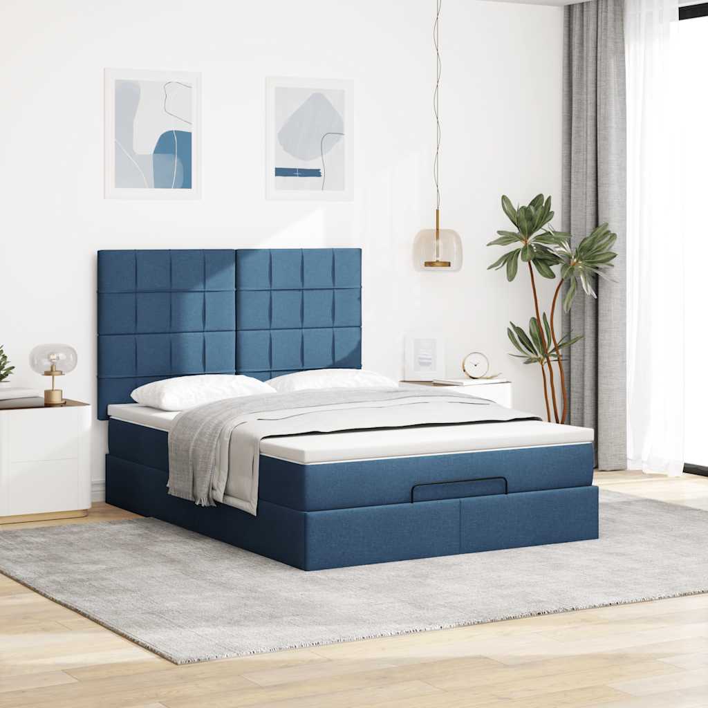 vidaXL Ottoman-Bett mit Matratze & LEDs Blau 140x200 cm Stoff